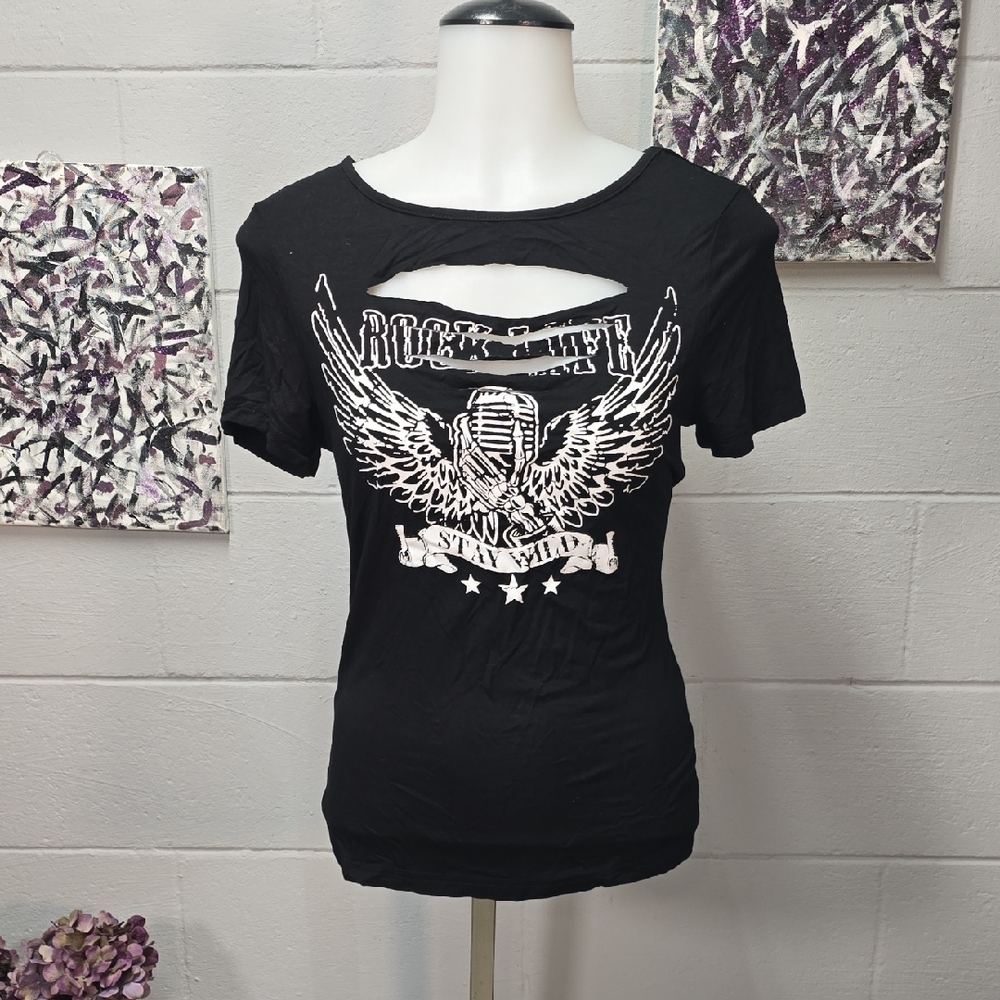 SHEIN Black Rock Graphic Cutout Tee